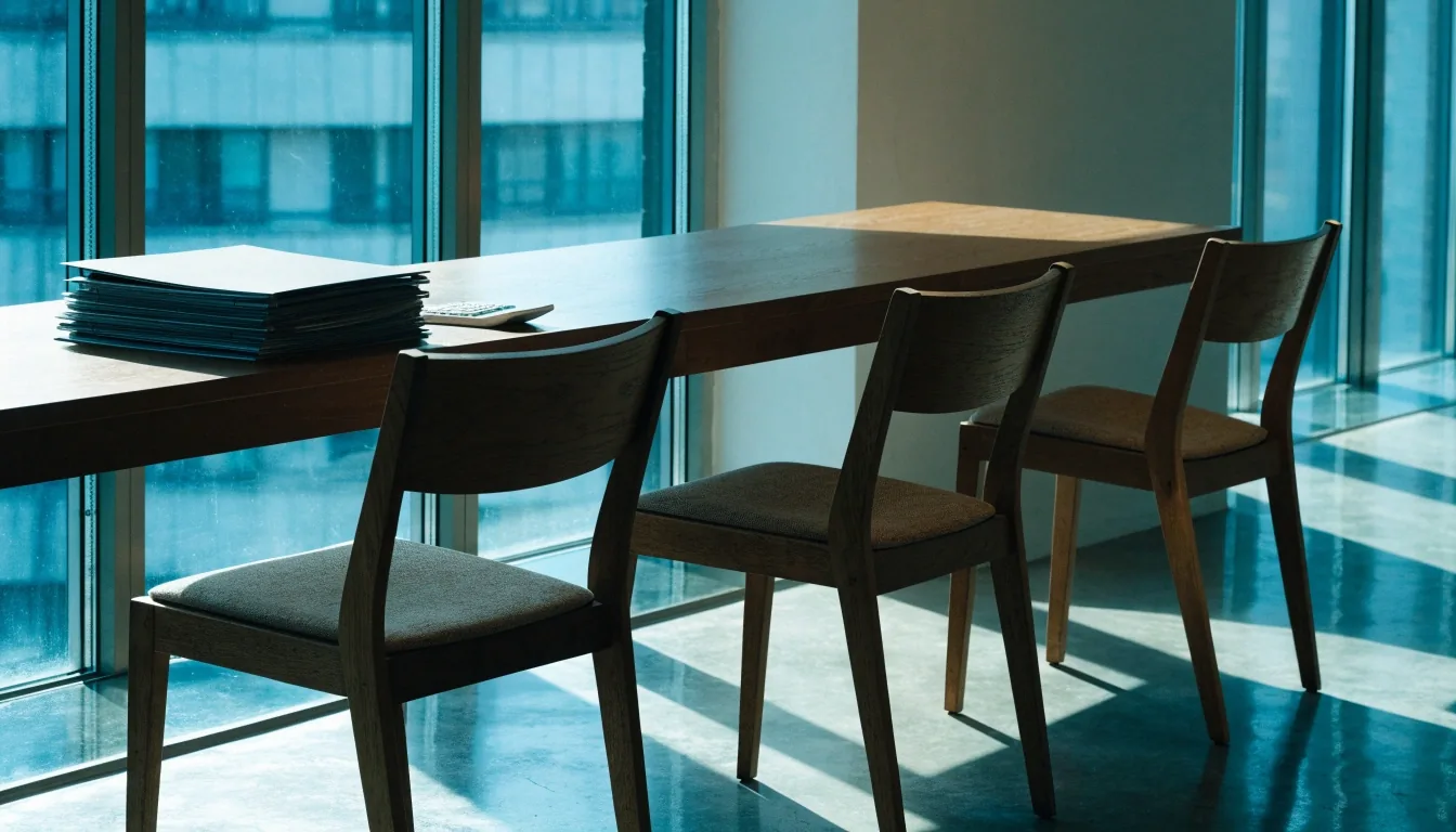 Sala de trabajo editorial en Bilbao, mesa larga con carpetas y luz fría de mañana