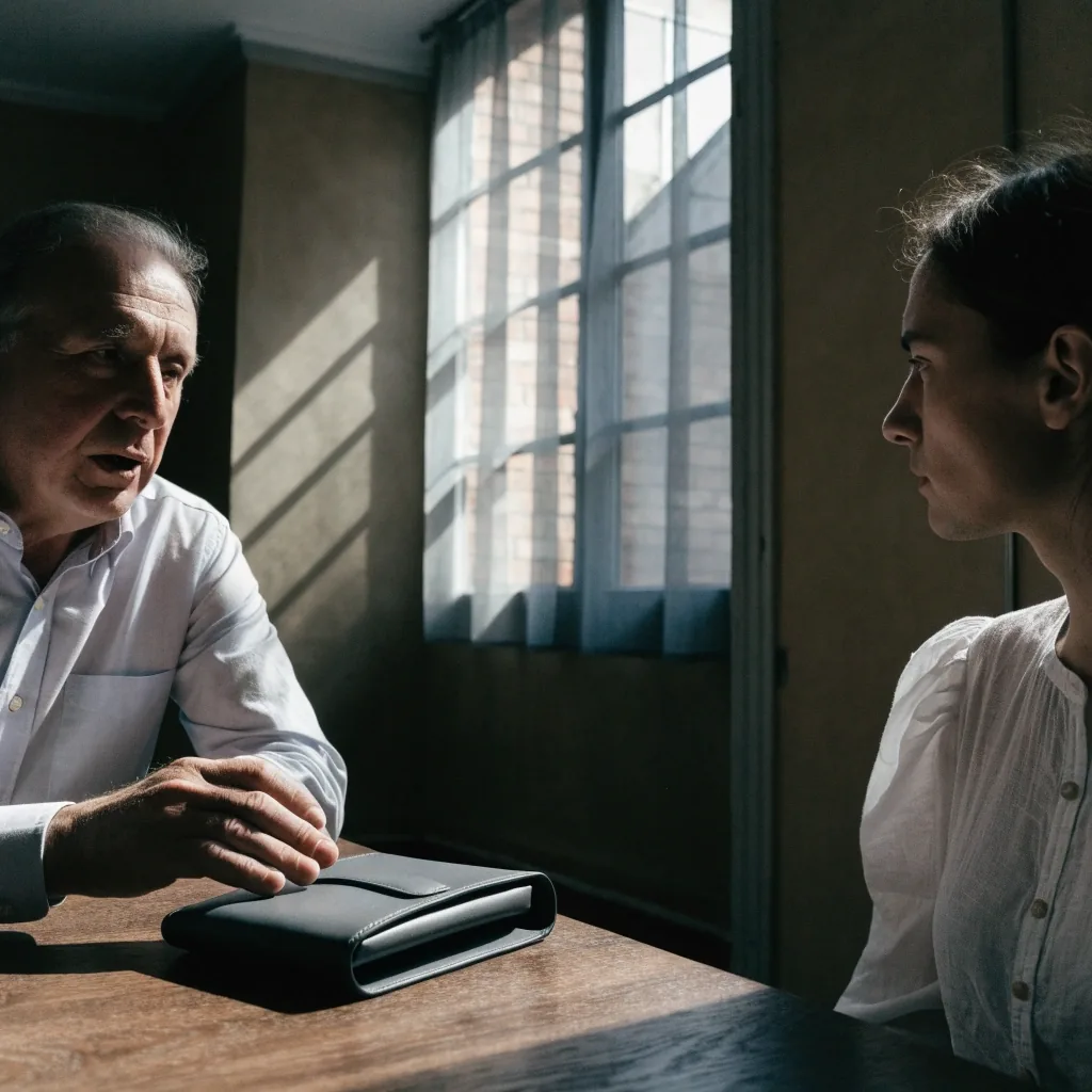 Manos consultando una carpeta de expediente sobre una mesa de oficina con luz fría lateral