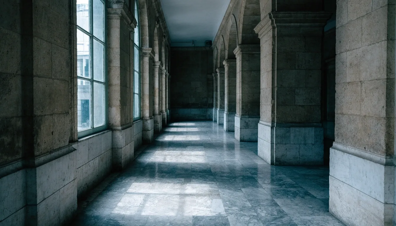 Pasillo vacío de un edificio institucional español con luz fría de media mañana