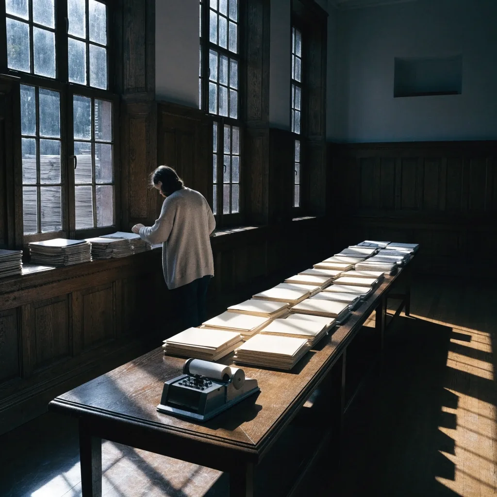 Pasillo de un edificio institucional con arcos y una ventana alta, luz fría de mediodía