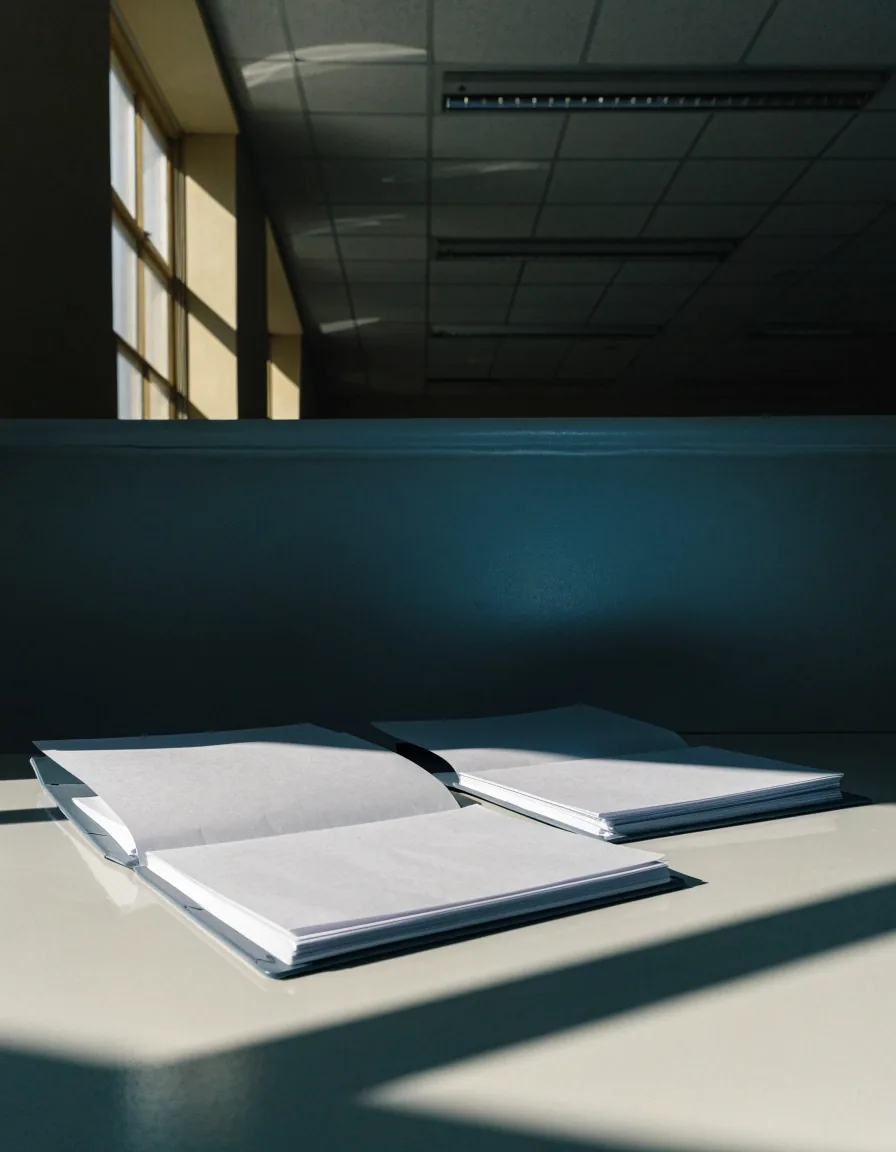 Dos carpetas abiertas sobre un escritorio de oficina institucional con luz fría de mediodía